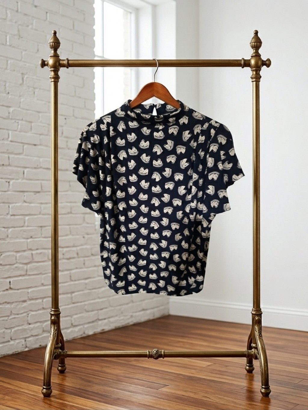 Ann Taylor Navy Printed Short-Sleeve Blouse